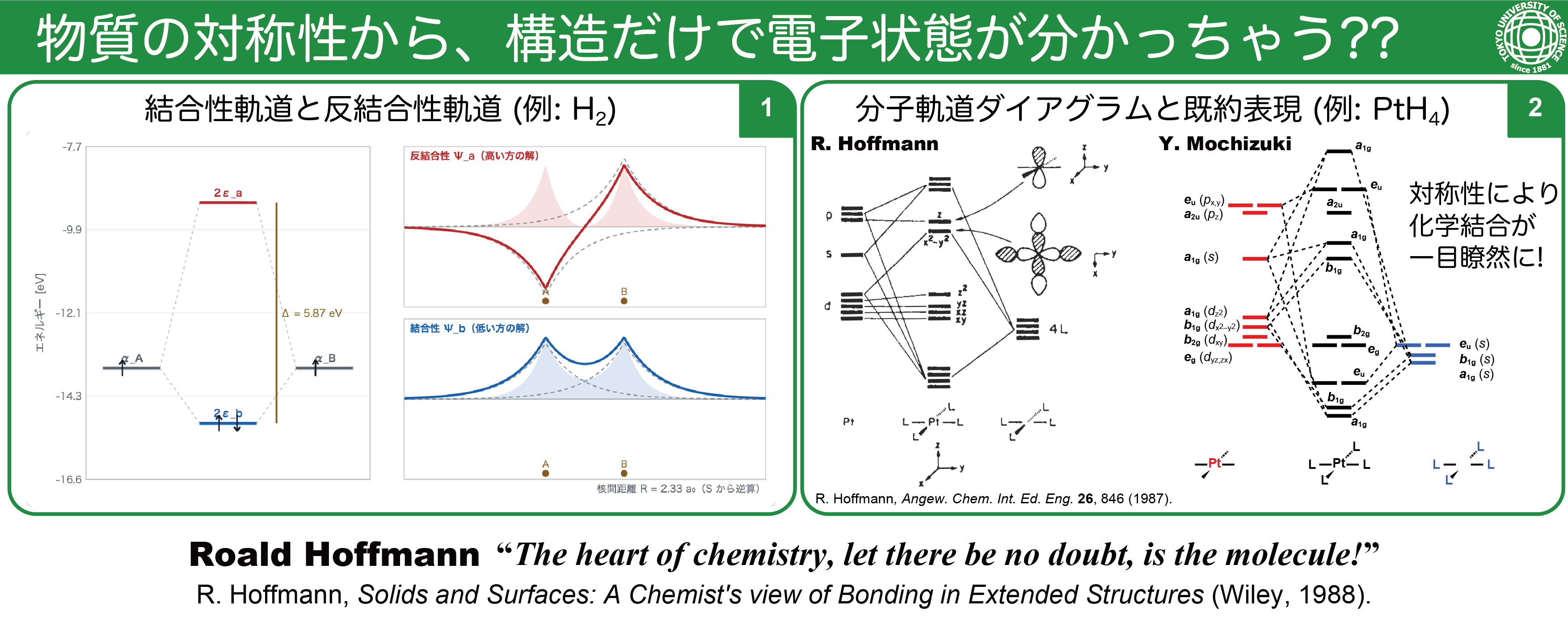 H2 の結合性・反結合性軌道と，PtH4 の分子軌道ダイアグラムおよび既約表現を示した，群論と対称性の研究紹介図
